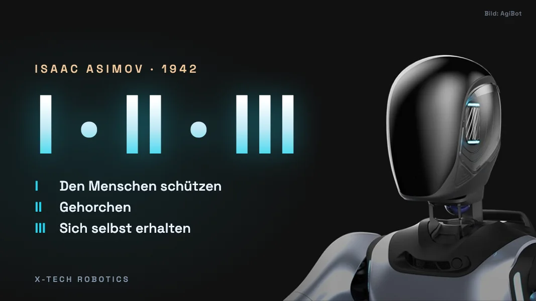 Titelbild: Kopf des humanoiden Roboters A2 von AgiBot auf schwarzem Grund, daneben die drei Robotergesetze von Isaac Asimov aus dem Jahr 1942: Den Menschen schützen, Gehorchen, Sich selbst erhalten
