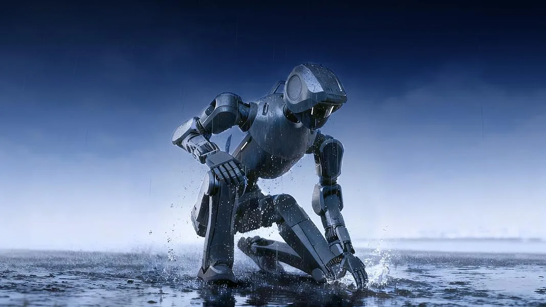 Humanoider Roboter DR02 von Deep Robotics kniet auf nassem Boden