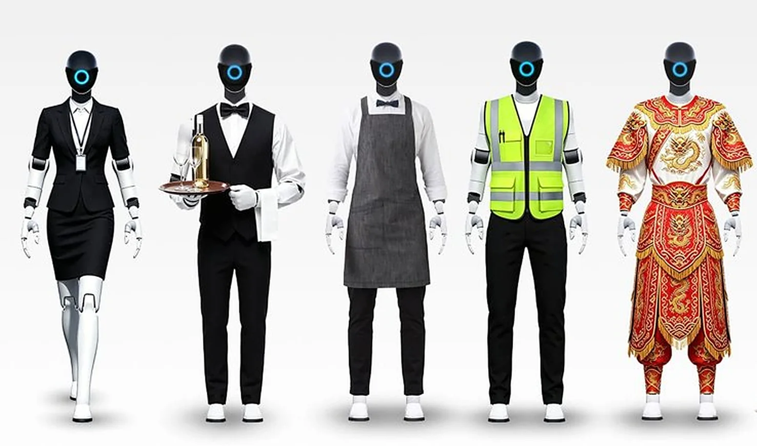Five humanoid robots in workwear: suit with name badge, waiter's waistcoat with tray, apron, hi-vis vest and festival costume