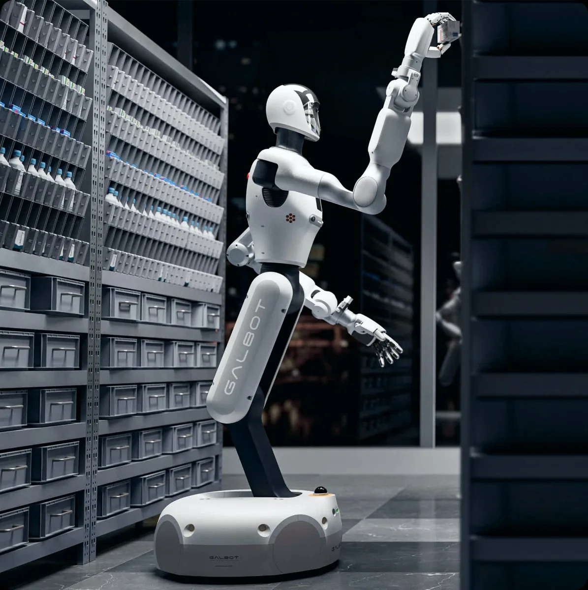 Wheel-based humanoid picks goods from a shelf