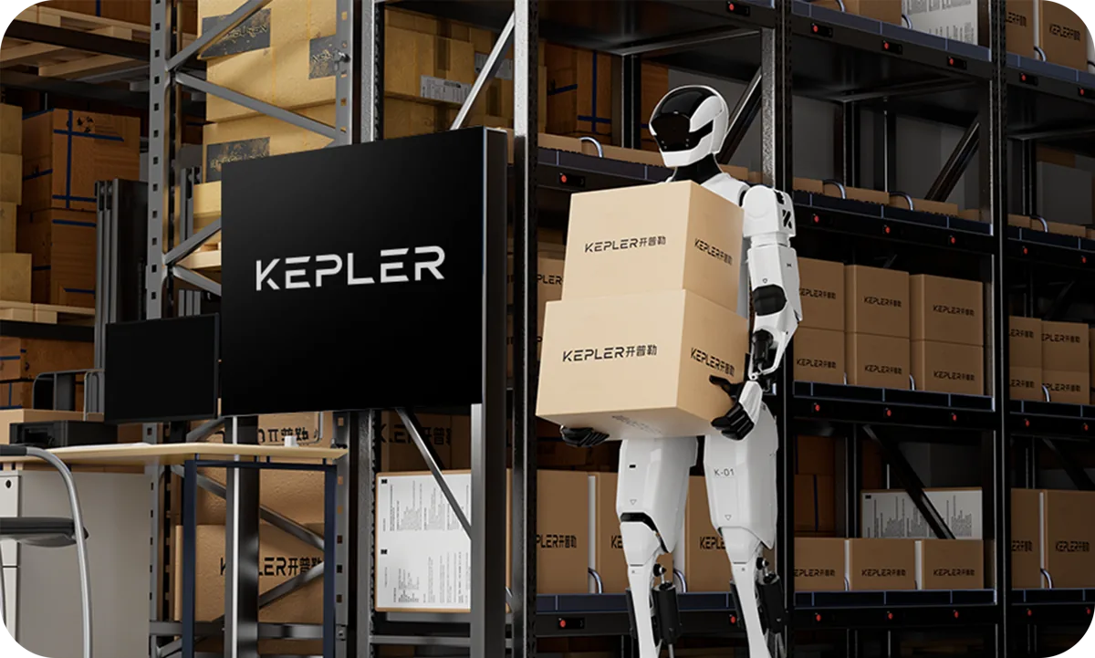 Humanoid robot carries a box through a warehouse with racking