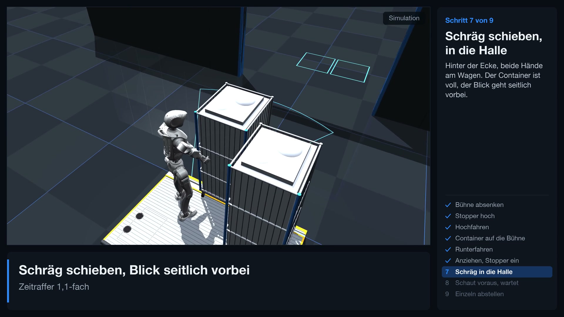 Simulation: Humanoider Roboter an der Ladebordwand eines LKW mit Rollcontainern