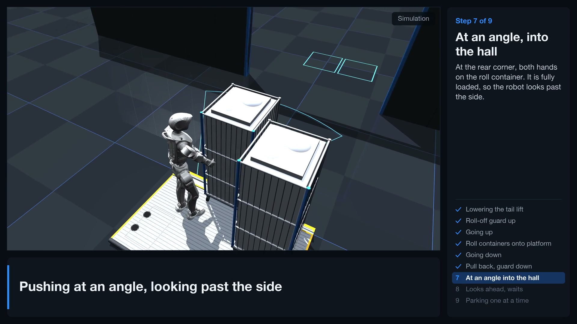 Simulation: humanoid robot at the tail lift of a truck with roll containers